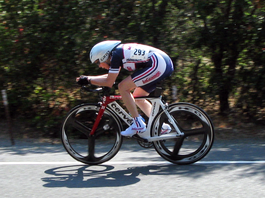 Local cyclist Sheridan Bentson coasts to the gold medal in the 5K Time Trial at the Senior National Games in Palo Alto.